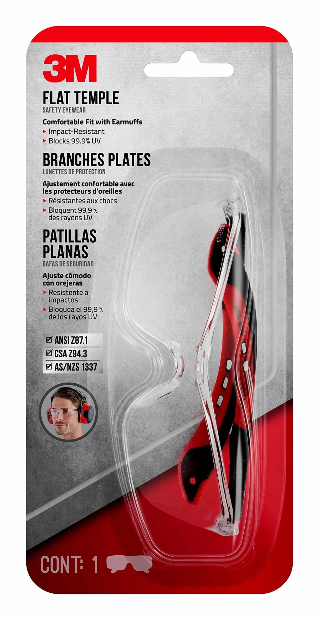 3M Flat Temple Safety Eyewear with Scratch Resistant Lens, Frame: Black/Red, Clear Lens 3M