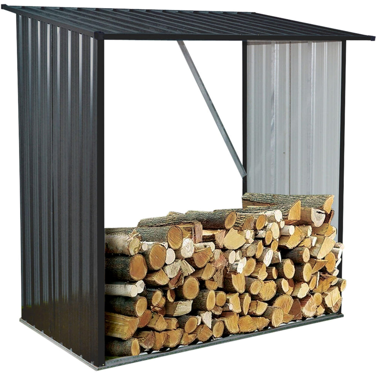 Hanover Indoor or Outdoor Steel Firewood Rack, Weather Resistant Open Wood Shed with Sloped Roof for Firewood, Pellet, or Lumber Storage, 5.3-Ft. x Hanover