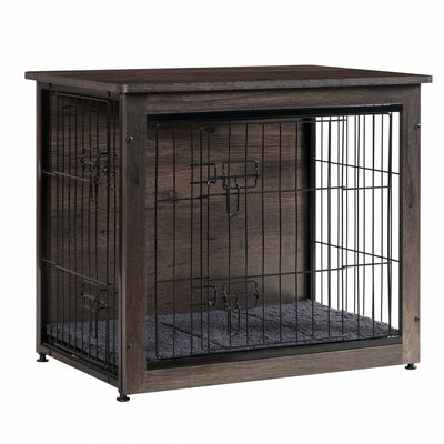 DWANTON Dog Crate Furniture with Cushion, Wooden Crate with Double Doors, Dog Kennel Indoor for Small/Medium/Large Dog, End Table, Small, 27.2" L,