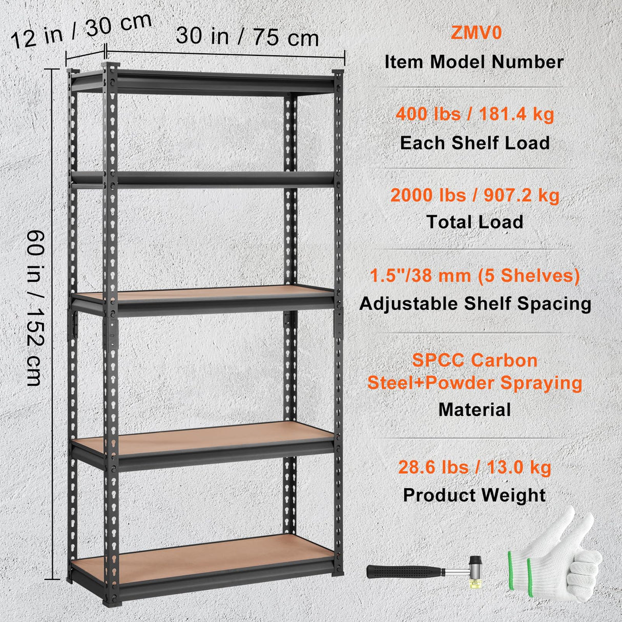 VEVOR Storage Shelving Unit, 5-Tier Adjustable, 2000 lbs Capacity, Heavy Duty Garage Shelves Metal Organizer Utility Rack, Black, 30" L x 12" W x 60" VEVOR
