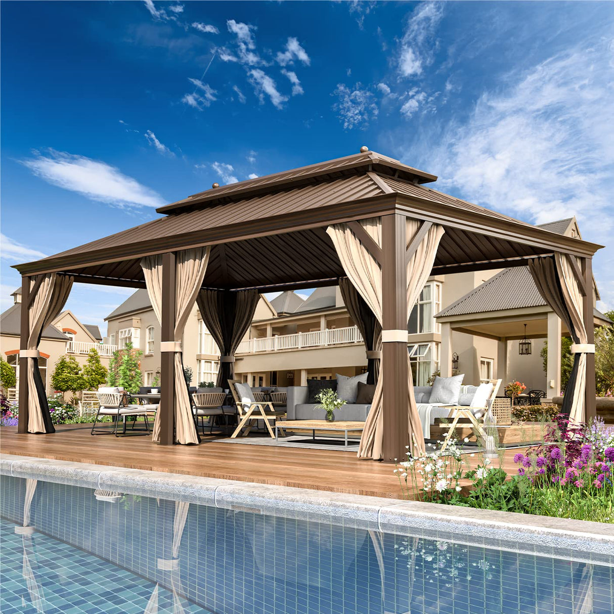 MELLCOM 12' x 20' Hardtop Gazebo,Galvanized Steel Metal Double Roof Aluminum Gazebo with Curtain and Netting,Brown Permanent Pavilion Frame for MELLCOM