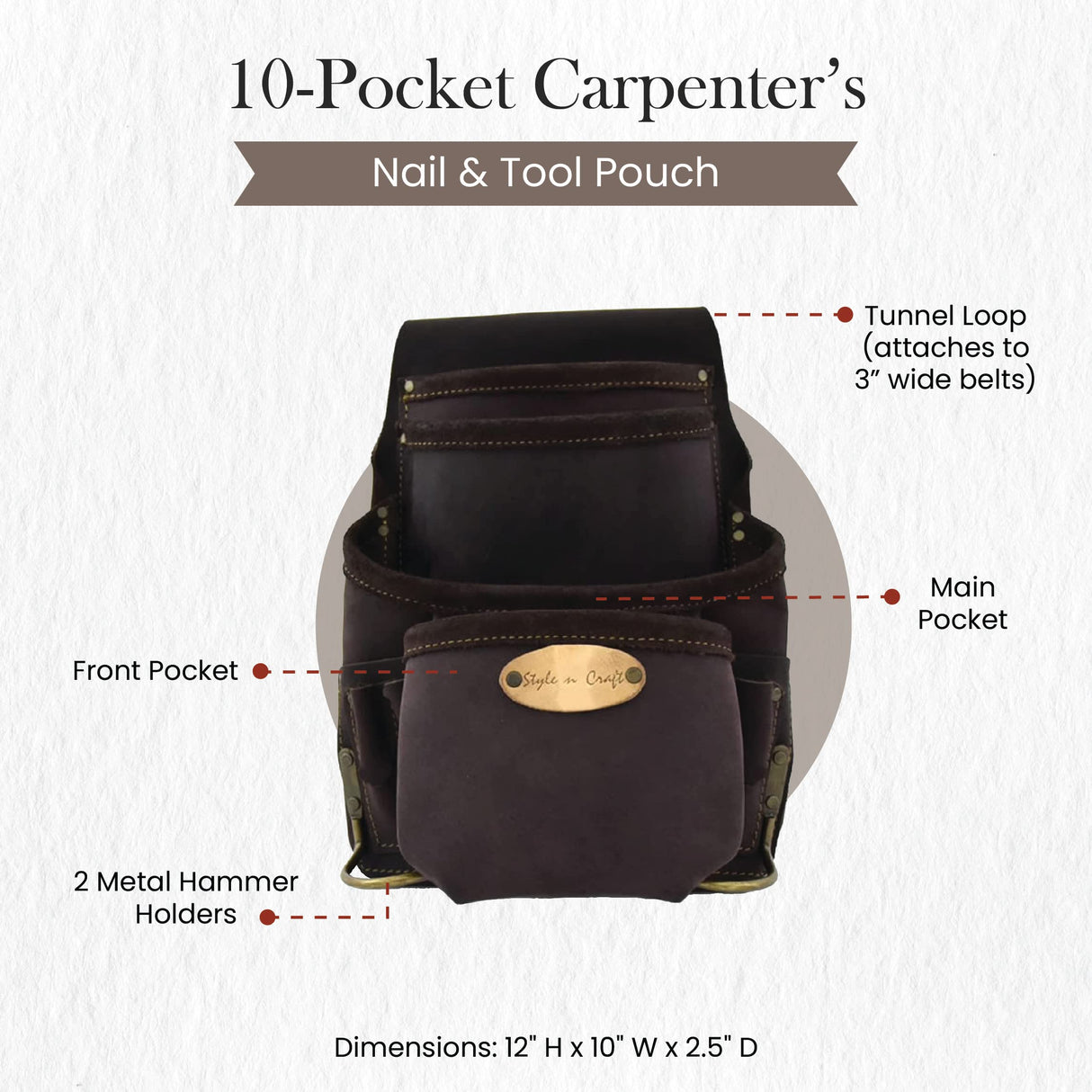 Style n Craft 10-Pocket Carpenter’s Nail & Tool Pouch, Heavy-Duty Leather Tool Pouch, Perfect and Durable Oiled Full-Grain Leather Pouch, Dark Brown Style N Craft