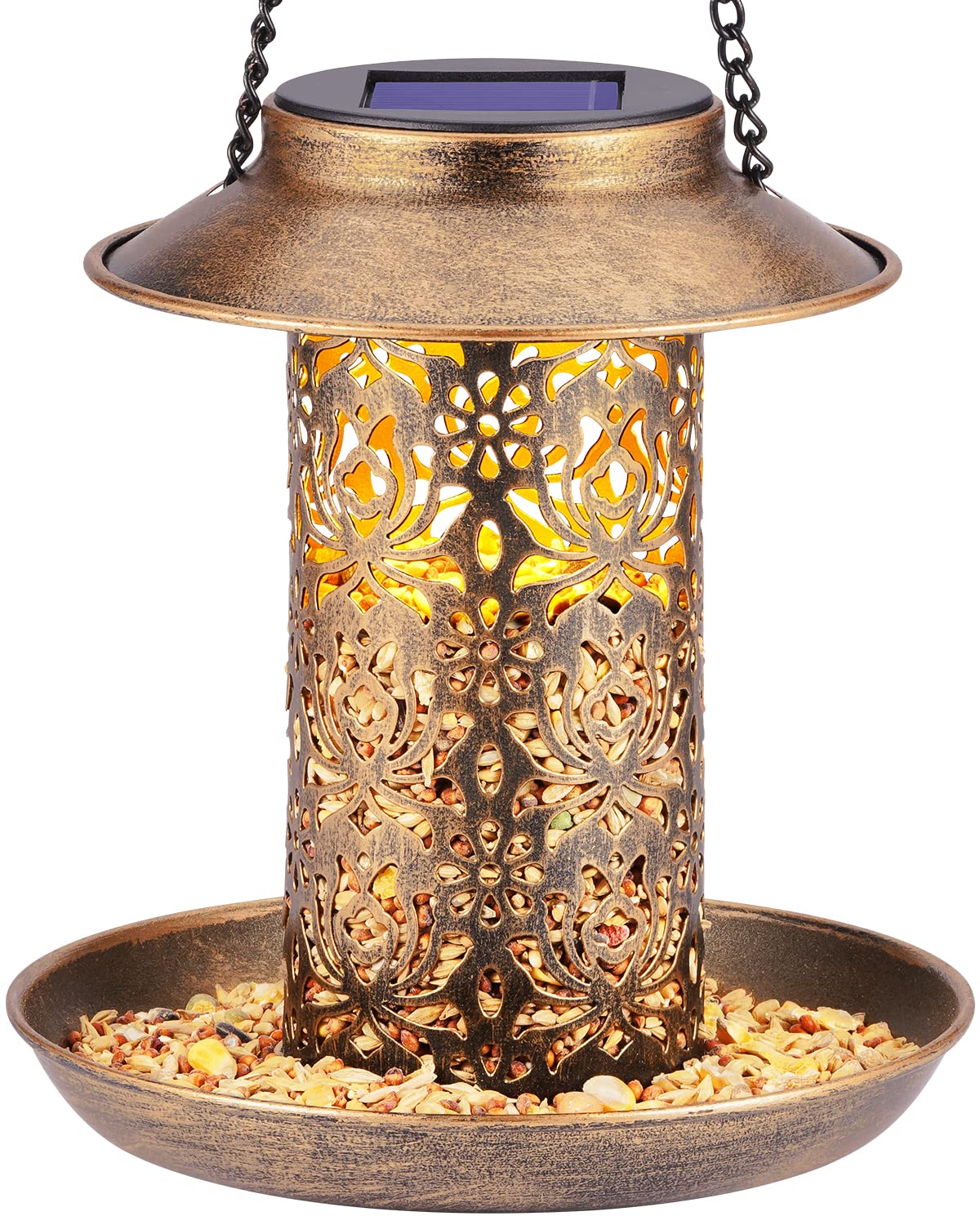 SWEETFULL Solar Bird Feeder for Outdoors Hanging, Metal Wild Bird Feeder for Cardinals Solar Garden Lantern with S Hook as Gift for Bird Lovers (2LBs SWEETFULL