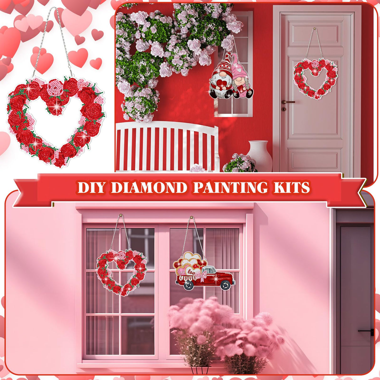 Menkxi 3 Set Valentine's Day Diamond Painting Hanging Sign 5D Truck Heart Wreath Gnomes Diamond Painting Kits DIY Crystal Paint Arts and Crafts Set Menkxi