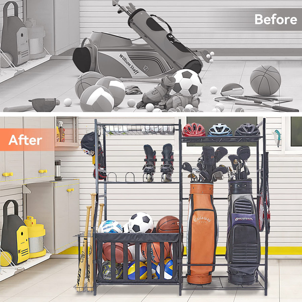 WALMANN Garage Sports Equipment Organizer, Golf Bag Stand for Garage Ball Storage Rack Indoor/Outdoor Kids Toys Storage Organizer Bins, Ball Holder WALMANN