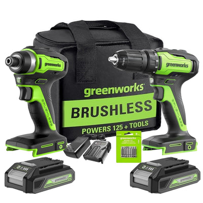 Greenworks 24V Brushless Cordless Drill Impact Driver Combo kit, 1/2”Drill & 1/4”Hex Impact Driver Power Tool Kit, Included 2 * 1.5Ah Batteries, Fast