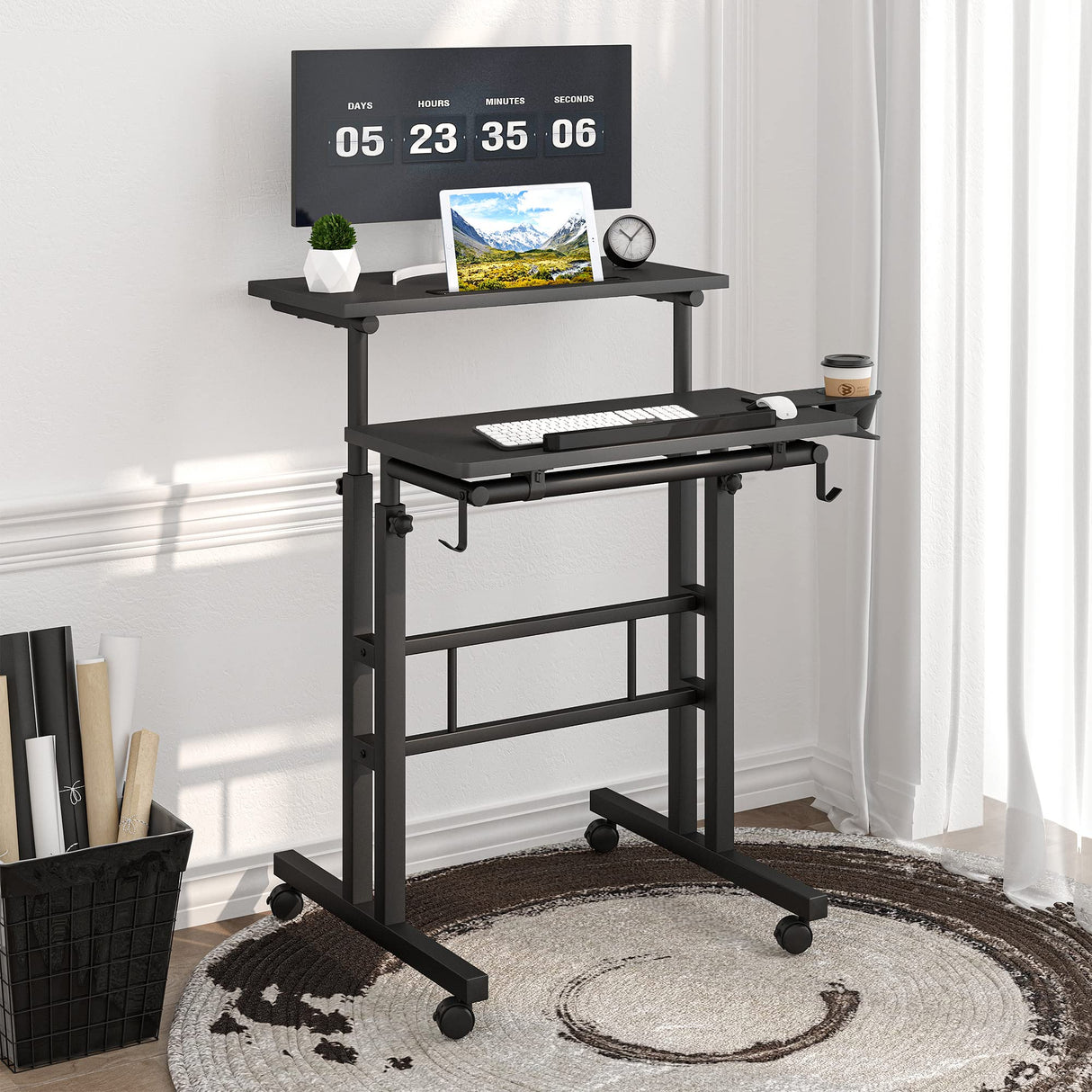 Klvied Adjustable Height Standing Desk with Cup Holder, Portable and Easy to Move, Ideal for Home or Office, Black Klvied