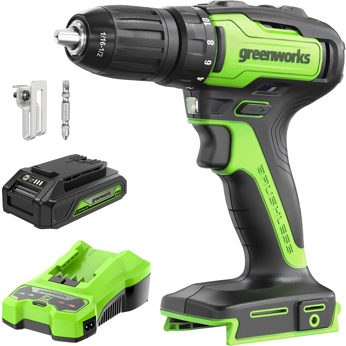 Greenworks 24V Brushless Cordless Drill Kit, 310 in./lbs, 18+1 Position Clutch, 1/2 '' Keyless Chuck, Variable Speed, 1.5Ah Battery With 2A Charger, Greenworks