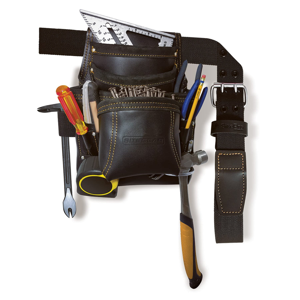 SITEGEAR 10-Pocket Carpenter's Top Grain Leather Nail and Tool Bag with Belt, Black (51-10113-TSB) SITEGEAR