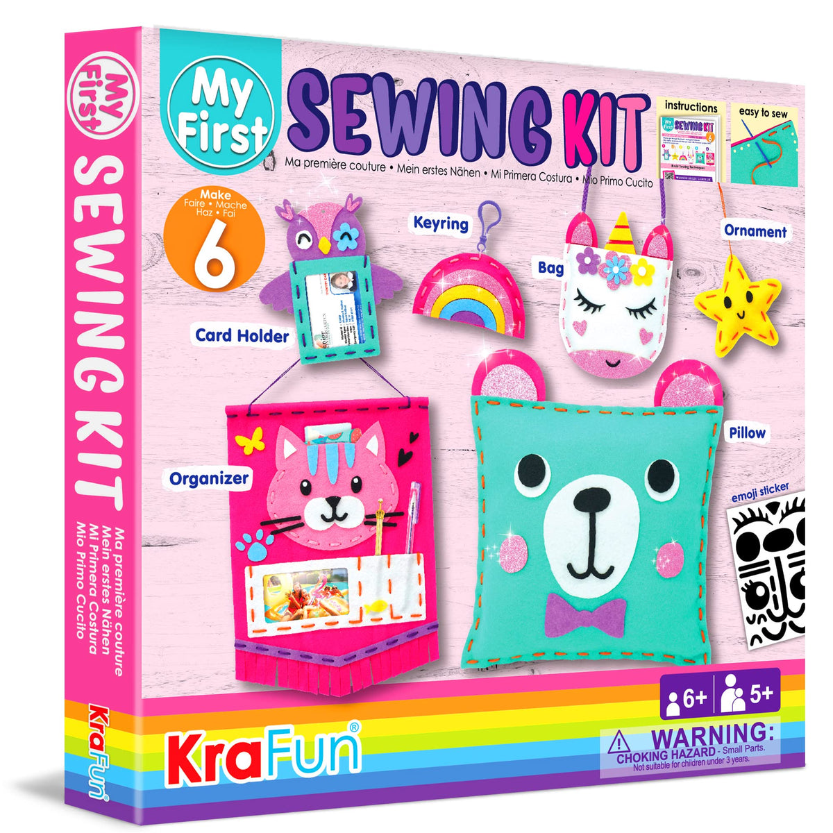 KRAFUN My First Sewing Unicorn – Kit De Costura Para Principiantes | Haz 5 Proyectos De Peluche, Almohada, Móvil, Llavero Y Bolsa | Incluye Instrucciones Y Fieltro | A Partir De 5 Años