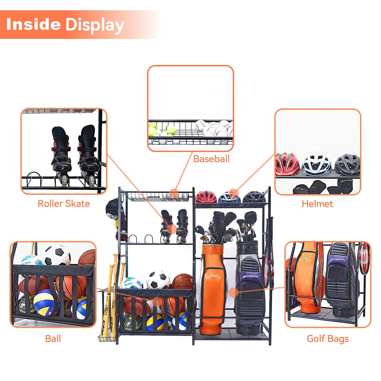 WALMANN Garage Sports Equipment Organizer, Golf Bag Stand for Garage Ball Storage Rack Indoor/Outdoor Kids Toys Storage Organizer Bins, Ball Holder WALMANN