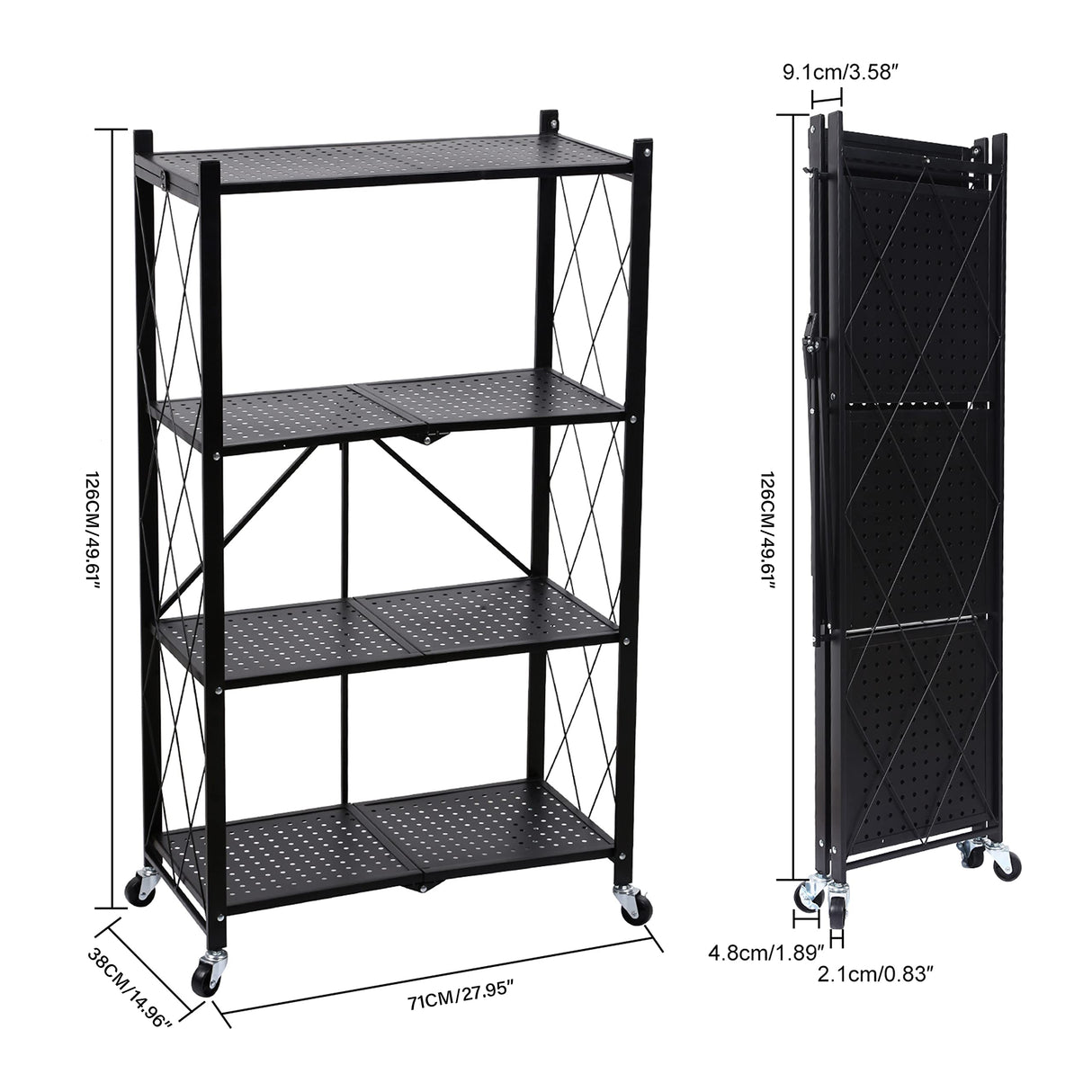 YSSOA 4-Tier Heavy Duty Foldable Metal Rack Storage Shelving Unit with Wheels Moving Easily Organizer Shelves Great for Garage Kitchen, Black YSSOA