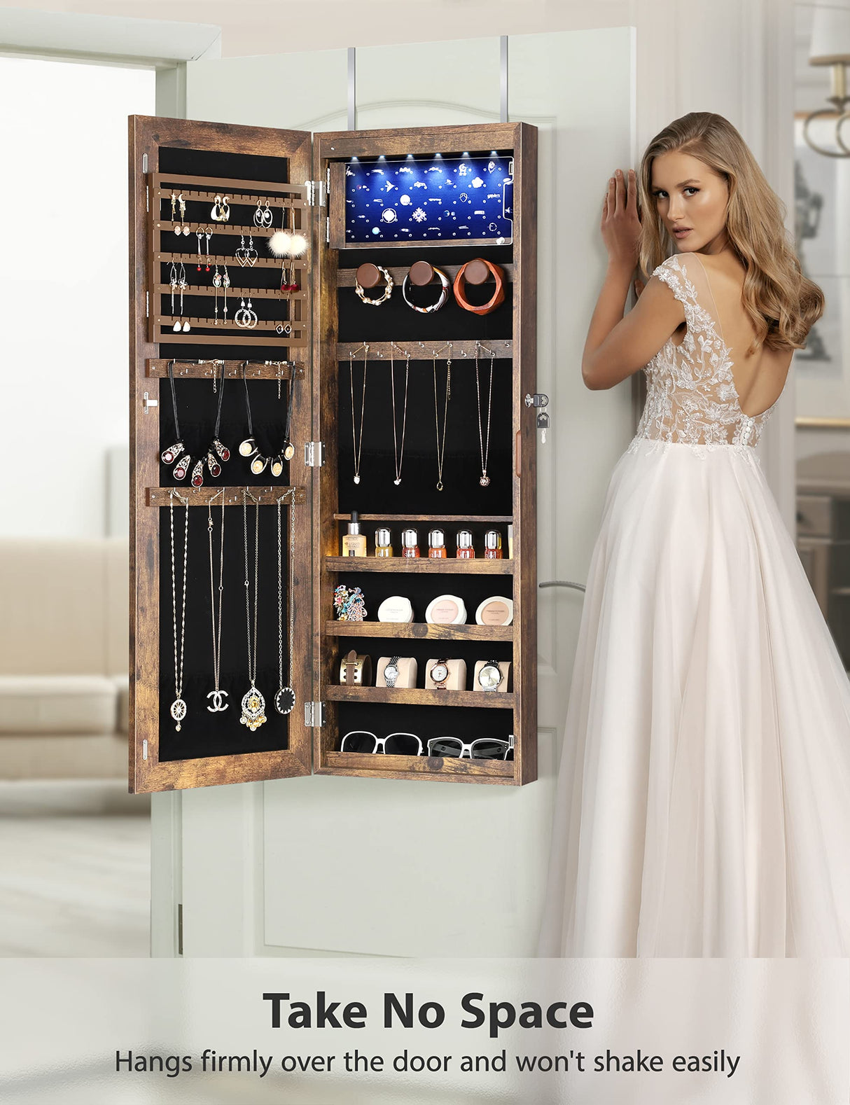 Nicetree 6 LEDs Mirror Jewelry Cabinet with 3 Improvements, 4.2" D Door/Wall Mounted Jewelry Armoire with Full Length Mirror, Larger Capacity, Nicetree