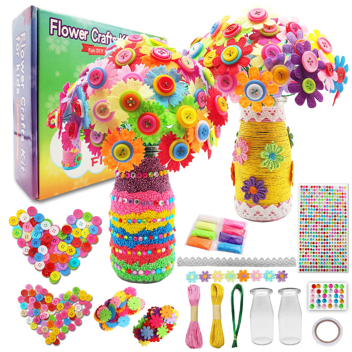 Crafts for Girls Ages 6-10 Make Your Own Flower Bouquet with Buttons and Felt Flowers, Vase Art and Craft for Children - DIY Activity Christmas 7july