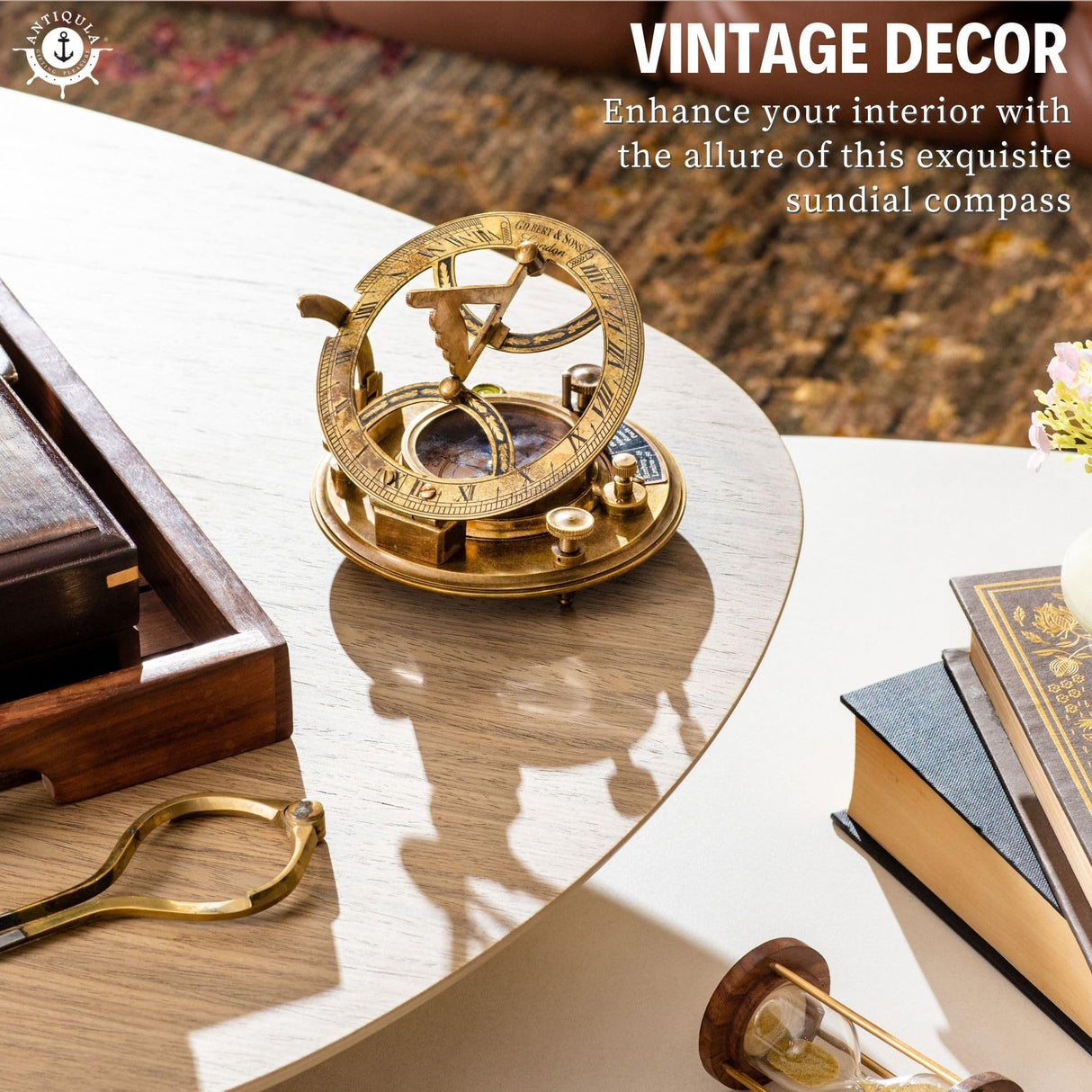 Antiqula 5 inch Large Sundial Compass with Wooden Rosewood Box, Perfectly Calibrated Steampunk Antique Brass Sundial Clock with Chart for Guidance, Antiqula