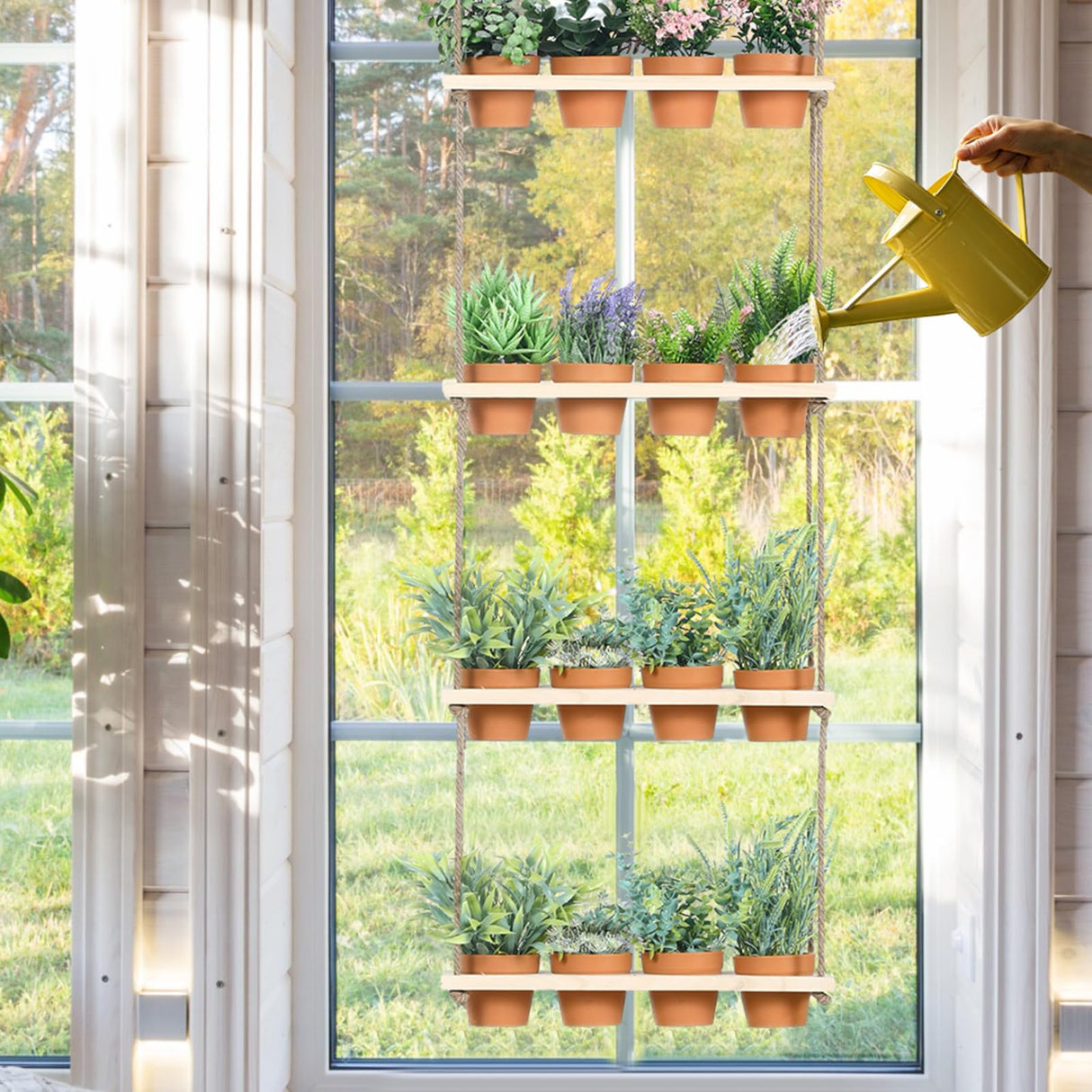 FillTouch 4 Tiered Hanging Herb Garden Wall Hanging Herb Planters with 16 Pcs Nursery Pot Wood Vertical Hanging Window Plant Shelf with Holes and FillTouch