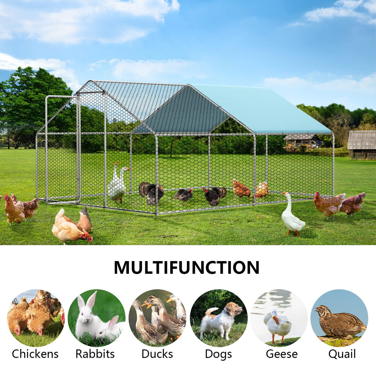 LOVMOR Large Chicken Coop Metal Chicken Run for 10 Chickens,Walk-in Poultry Cage for Yard with Waterproof and Anti-UV Cover Lockable Door LOVMOR