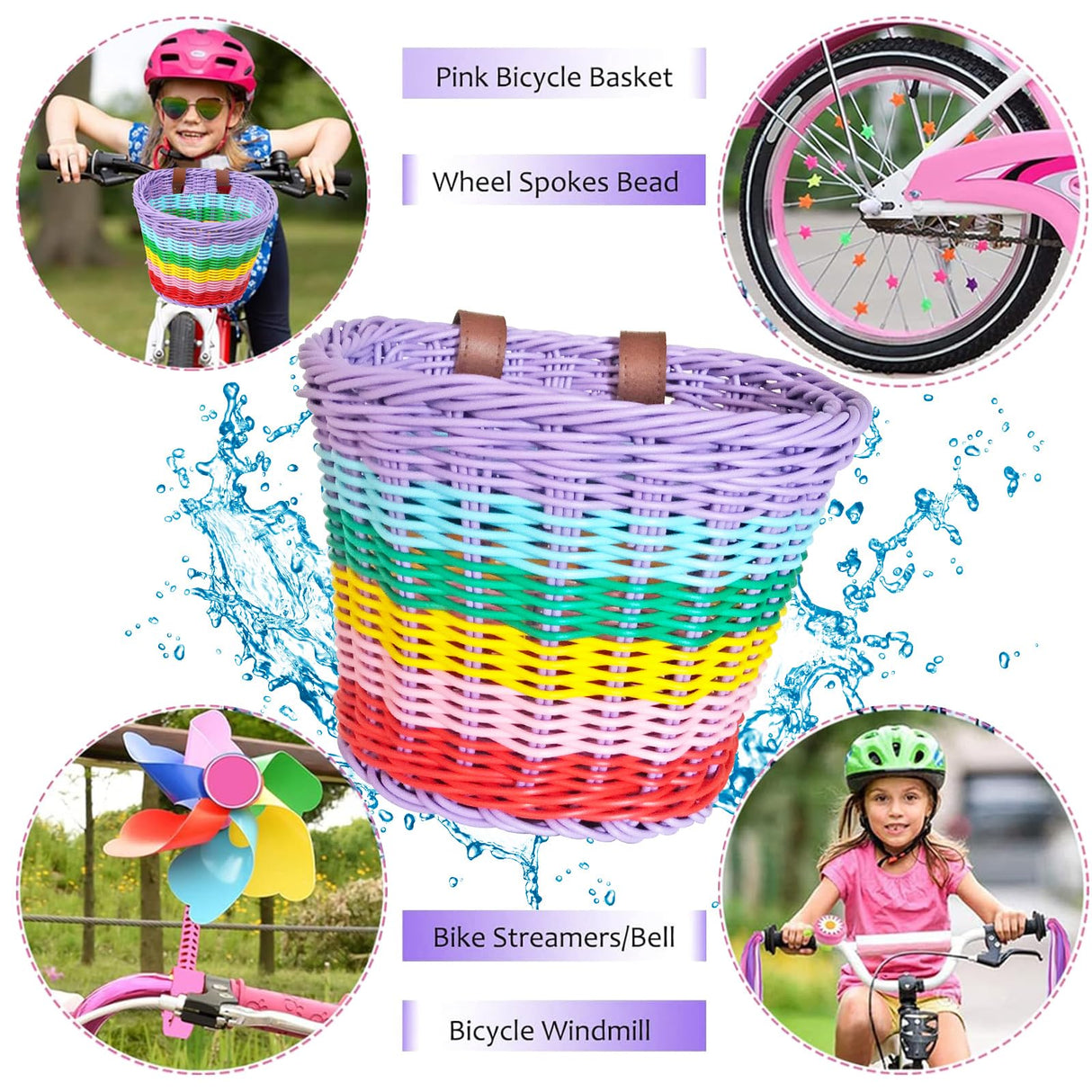 Bicycle Basket for Girls, Adjustable Front Handlebar Bike Basket with Bike Streamers Set Bell/Bicycle Windmill/Bicycle Wheel Beads DIY Bike Boltigen