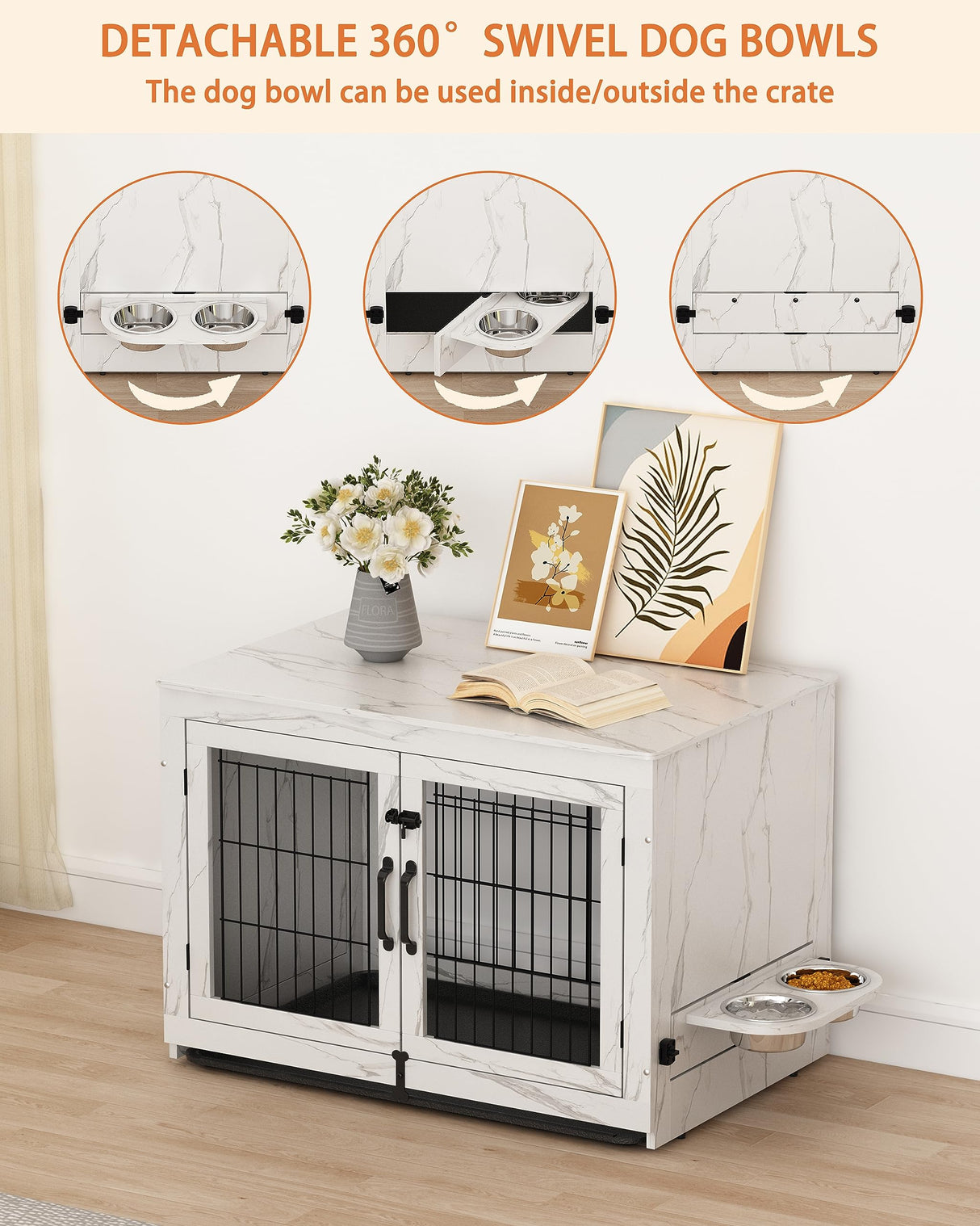 Piskyet Wooden Dog Crate Furniture with 360°Rotatable Removable Dog Bowls, Dog Crate End Table with Tray, Double Doors Dog Kennels for Medium Dogs Piskyet