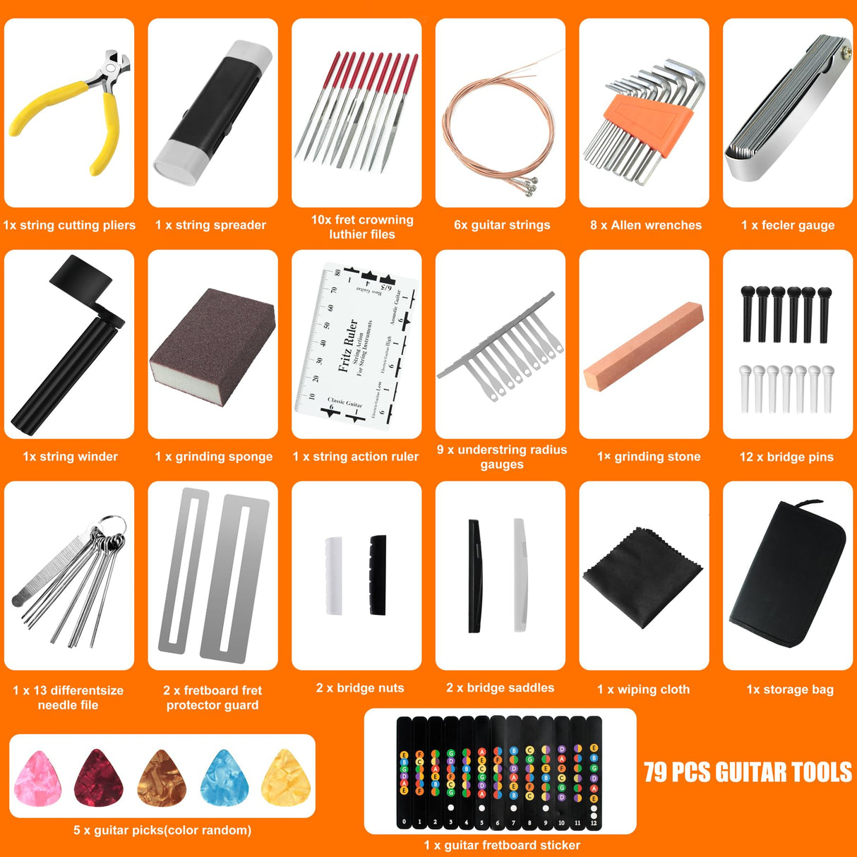 79Pcs Guitar Tool Kit, Guitar Repair Kit, Guitar Accessories Guitar Setup Kit, Luthier Tools Guitar Fret Kit for Ukulele Bass Mandolin Banjo, TIMDAM TIMDAM