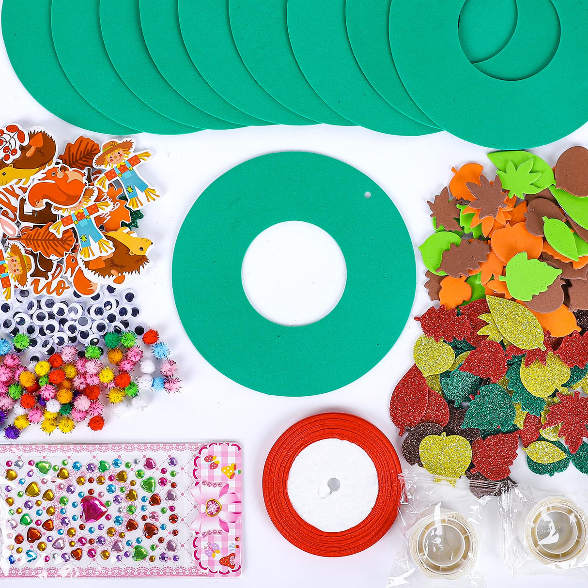 Whaline 12 Kits Fall Leaf Wreath Craft Kits Glitter Thanksgiving 3D Foam Wreath Signs with Maple Leaves Pumpkin Wiggle Eyes for Kids DIY Crafts Fall Whaline