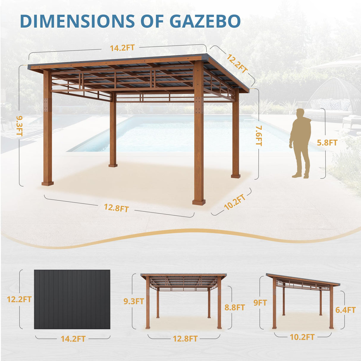 LUE BONA 12x14 Hardtop Gazebo, Outdoor Pergola Metal Roof Gazebo with Wooden Frame, Patio Gazebo Canopy with Curtains, Permanent Pavilion Grill LUE BONA