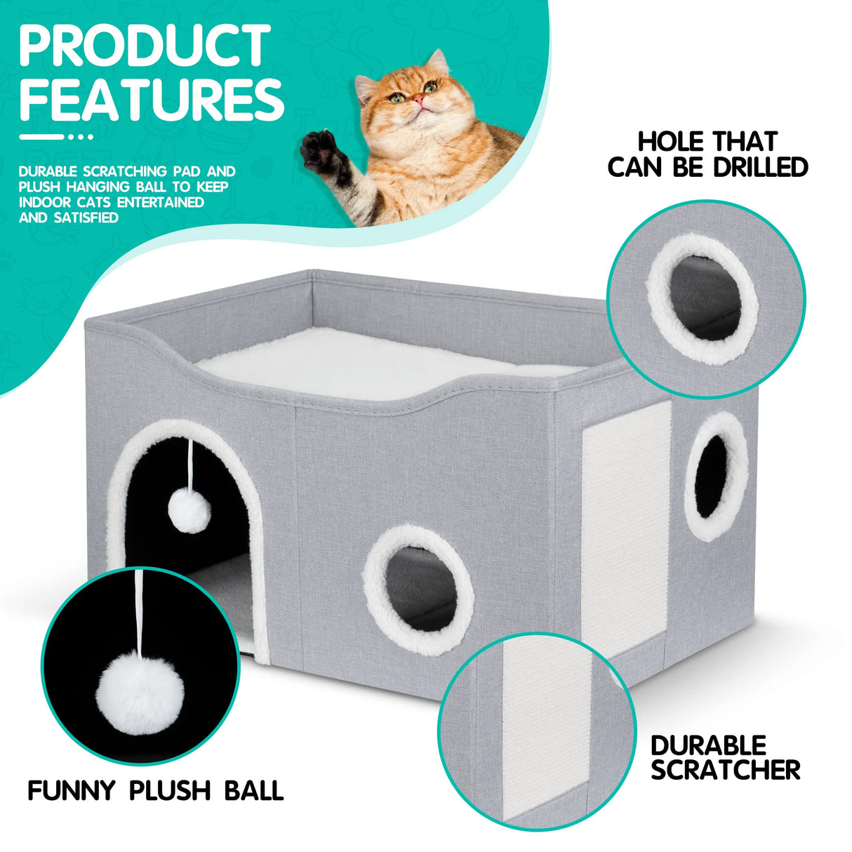 Heeyoo Cat House for Indoor Cats - Large Cat Bed Cave with Fluffy Ball and Scratch Pad, Foldable Cat Condos, Cat Cubes, Cat Hideaway, Covered Cat Bed Heeyoo