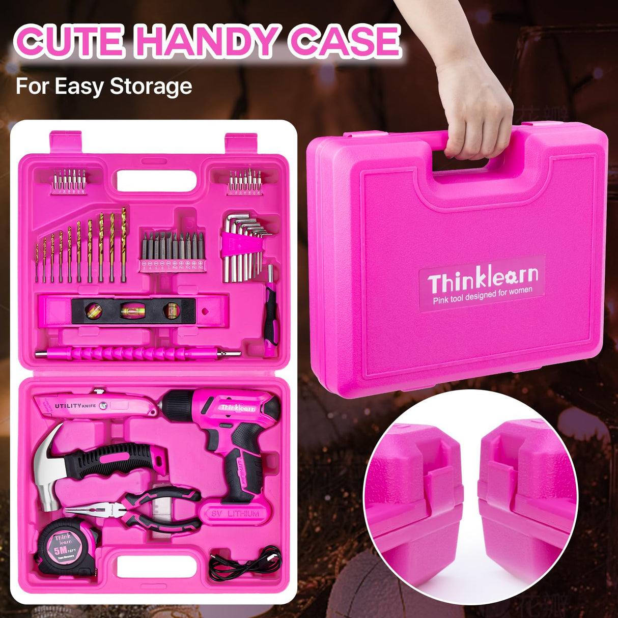 64PCS Pink Tool Set with Cordless Drill, 8V Power Drill and Pink Tool Kit for Women, 3/8"Keyless Chuck Electric Screwdriver Driver Kit for Home DIY ThinkLearn