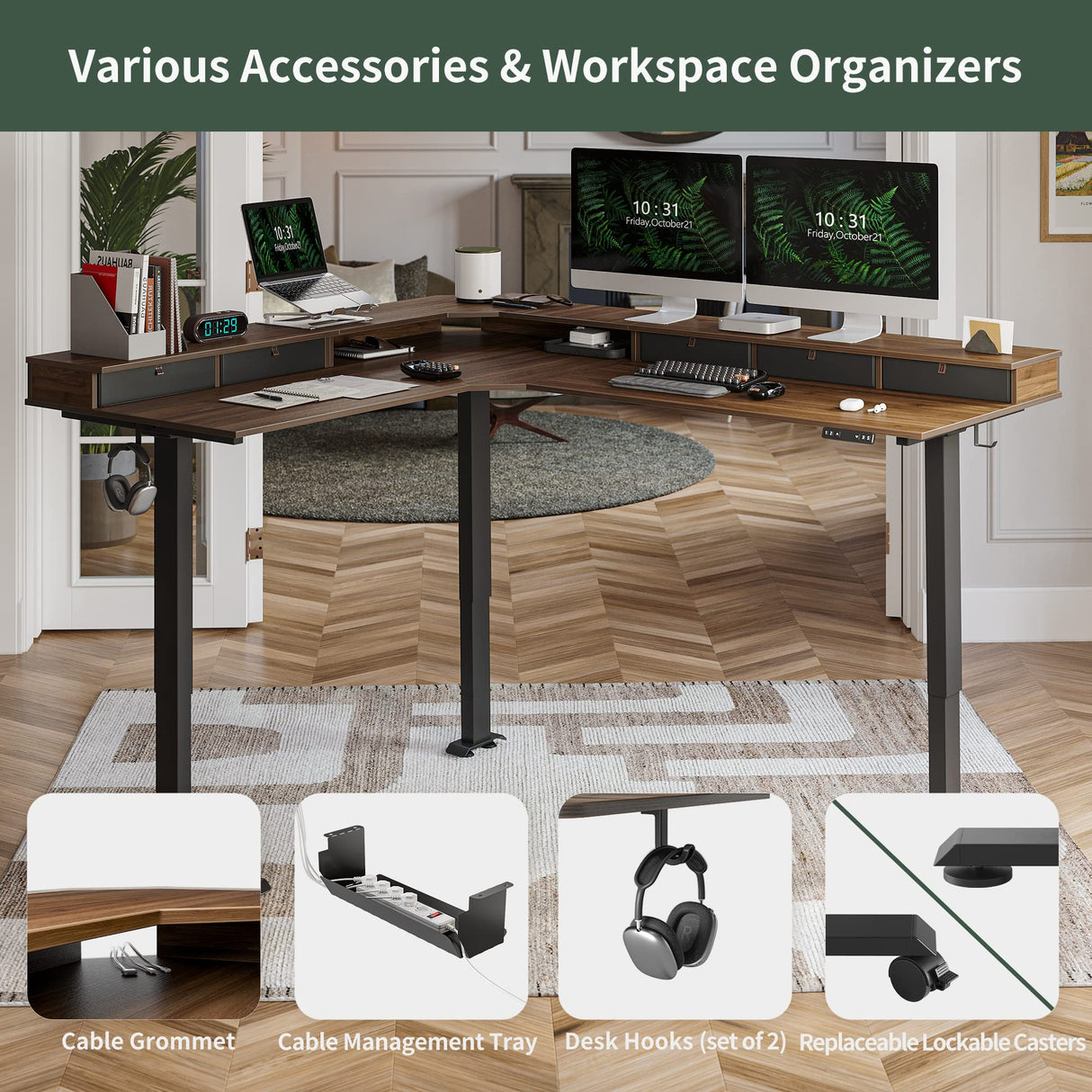 FEZIBO Triple Motor 75" L Shaped Standing Desk with 5 Drawers, Reversible Electric Standing Gaming Desk Adjustable Height, Corner Stand up Desk with FEZIBO