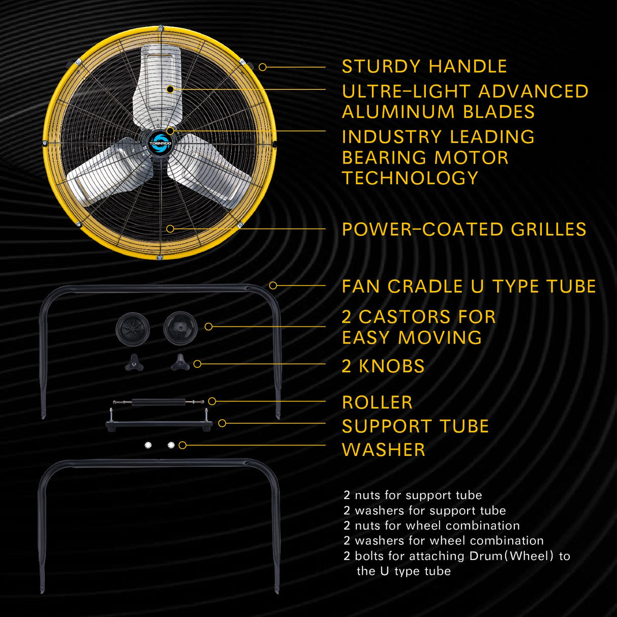Tornado - 24 Inch High Velocity Heavy Duty Tilt Metal Drum Fan Yellow Commercial, Industrial Use 3 Speed 8540 CFM Tornado