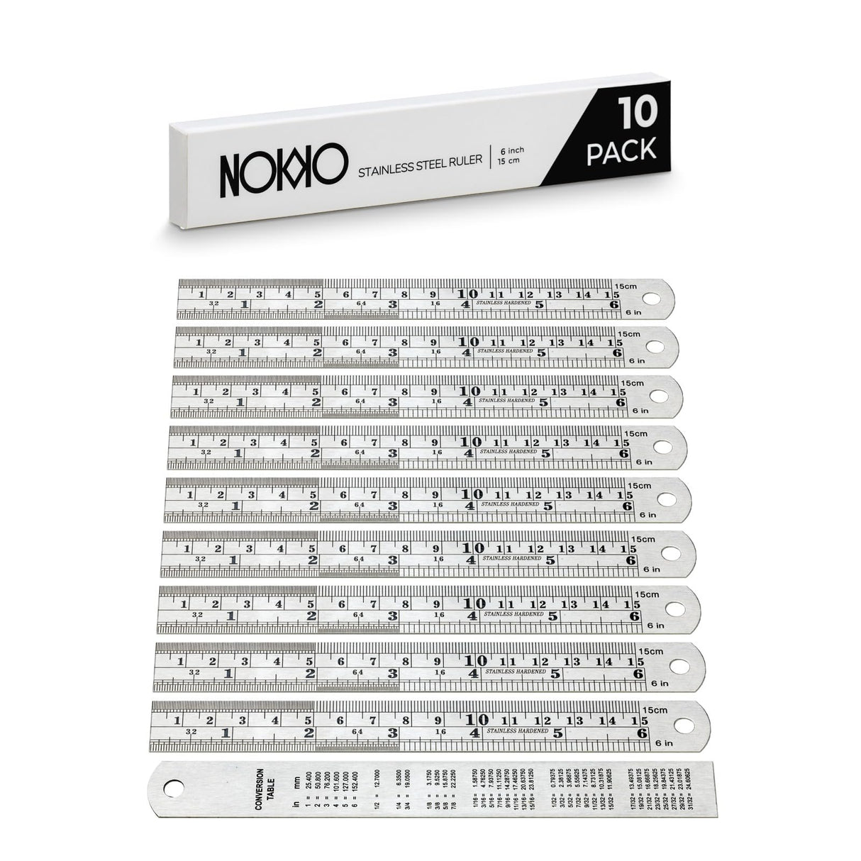 NOKKO Metal Ruler 6 Inch - Pack of 10 - Stainless Steel Ruler Set with Straight Edge Rulers - Precise Metric & Imperial Measurements - Ideal for NOKKO
