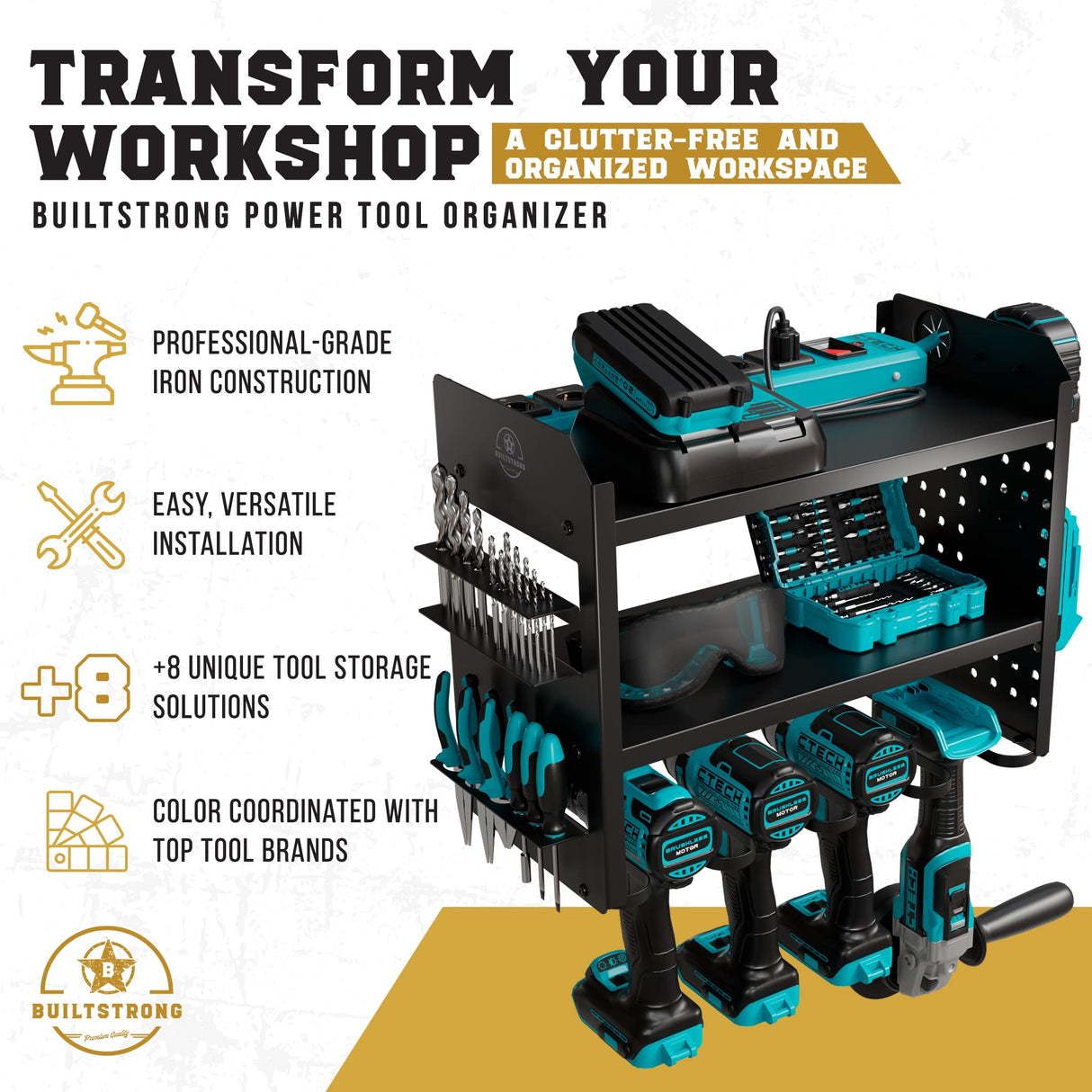 BUILTSTRONG Power Tool Organizer Wall Mount - 3-Tier Heavy-Duty Metal Hand Tool Storage Rack, Utility Racks, Drill Holder, PegBoard Side, & More - BUILTSTRONG
