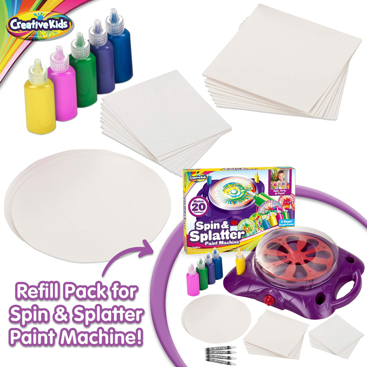 Creative Kids Spin & Paint Refill Pack - 8 x Large Cards - 8 x Small Cards - 4 x Round Cards - 5 Bottles of Colored Paint Creative Kids