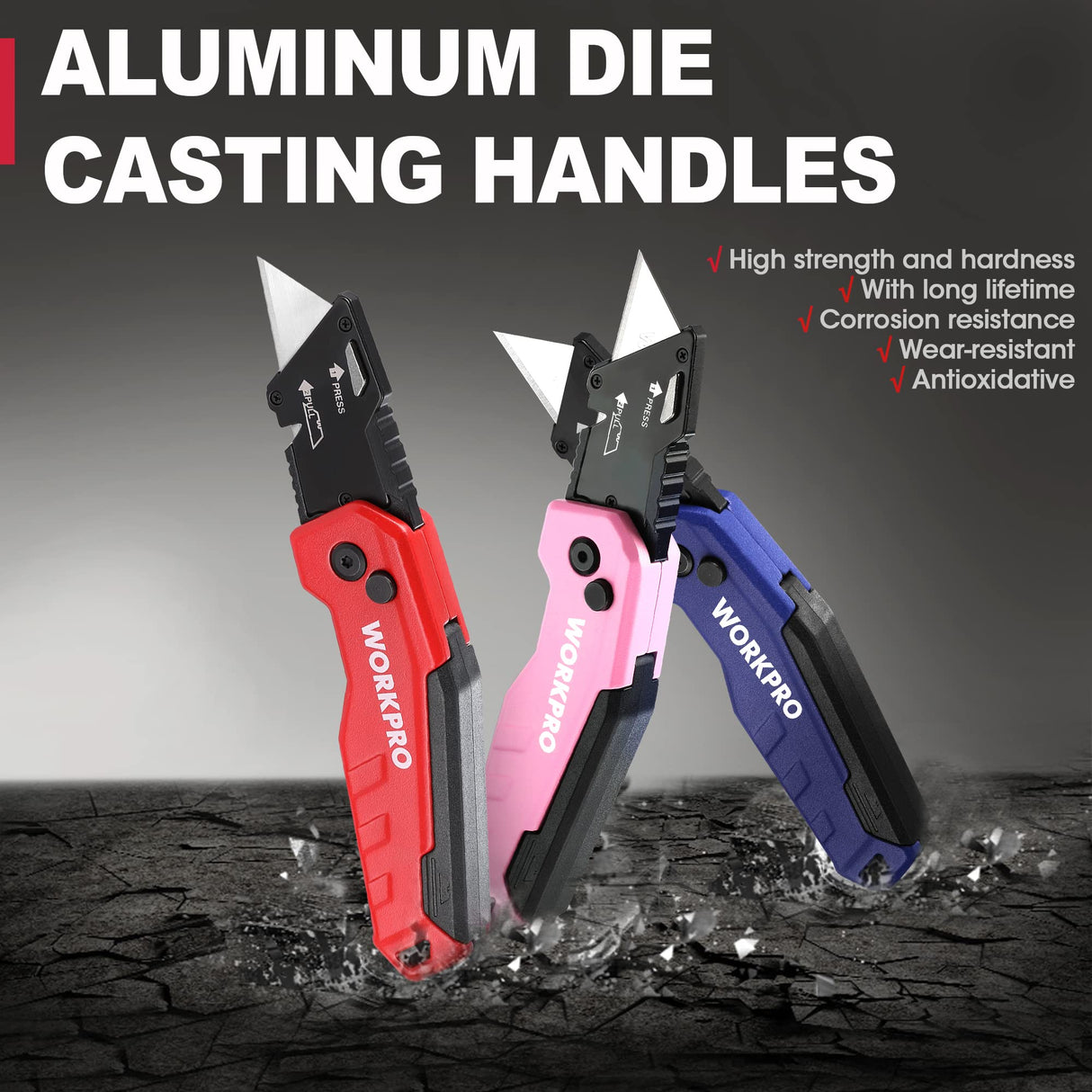 WORKPRO Folding Utility Knife, Quick Change Box Cutter, Razor Knife for Cartons, Cardboard, Boxes, Blade Storage in Aluminum Handle, 13 Extra Blades WORKPRO