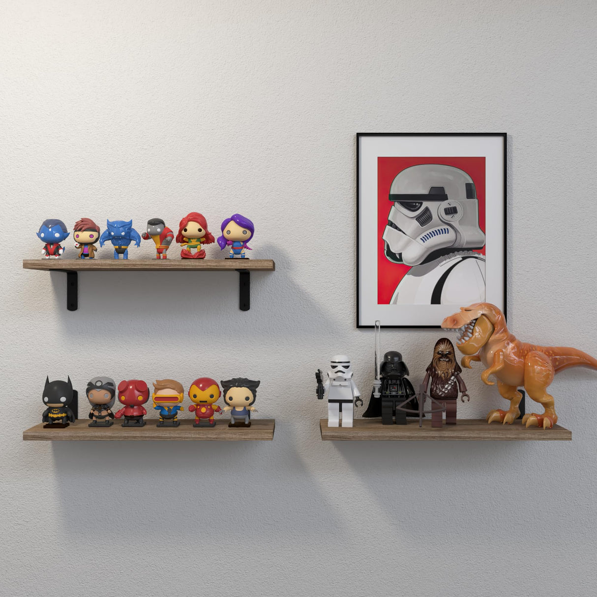 DOLLFIO Rustic Brown Wooden Floating Wall Shelves - Set of 3 for Stylish Home Décor and Storage DOLLFIO