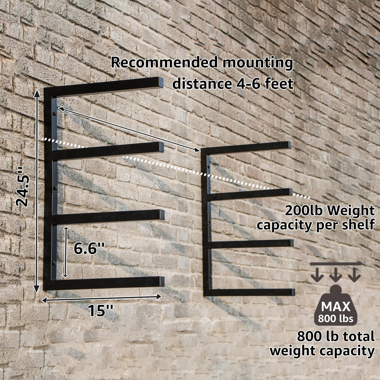 YYR Wood Organizer and Lumber Storage Rack Wall Mount, Heavy Duty Metal Shelf with 4-Level Holds Up 800 LBS, Indoor & Outdoor Use - Black YYR