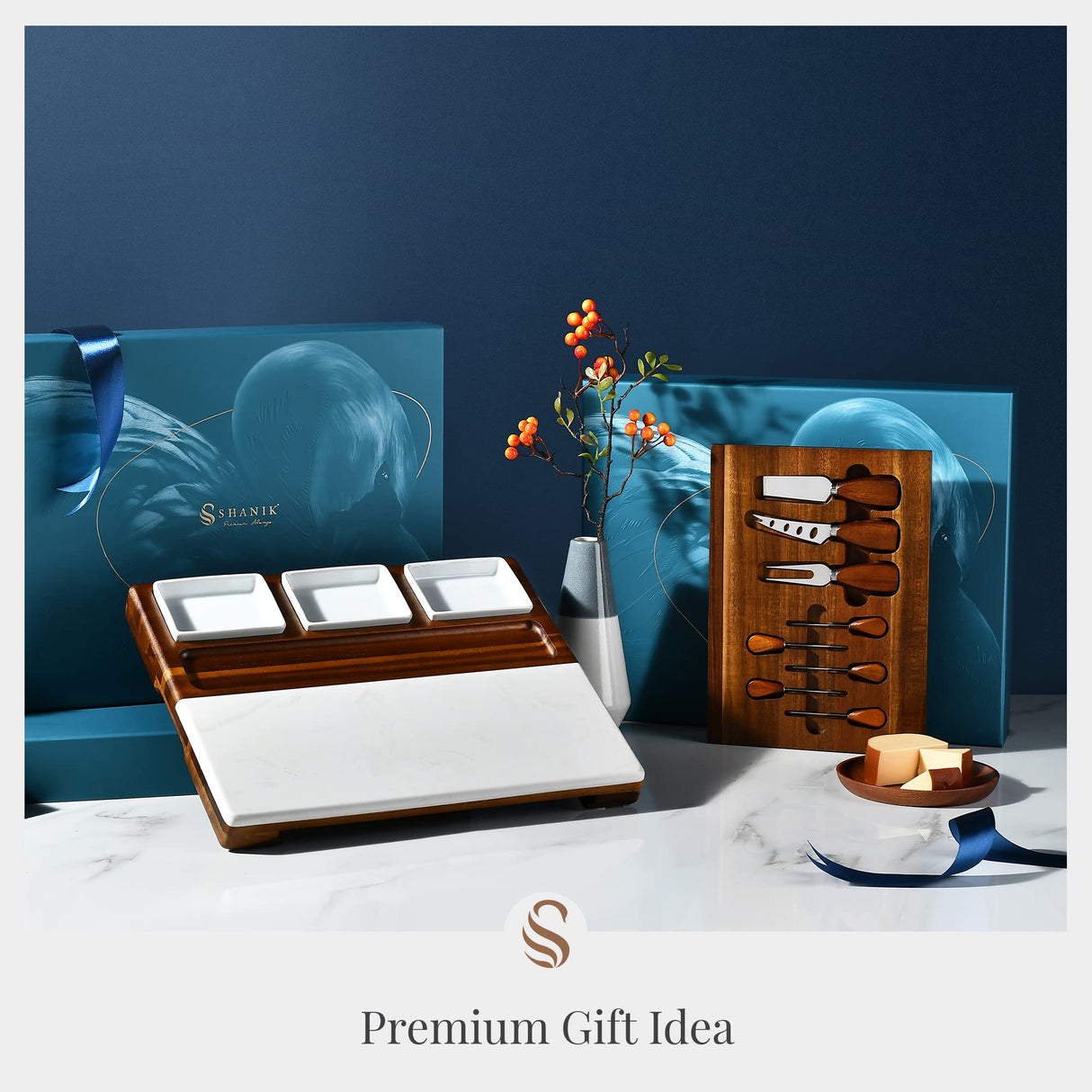 Shanik Wood - Marble Cheese Board Set with 3 Ceramic Bowls - Stainless Steel Cutlery Set, Charcuterie Board Set & Gift for Any Occasion (Without Shanik