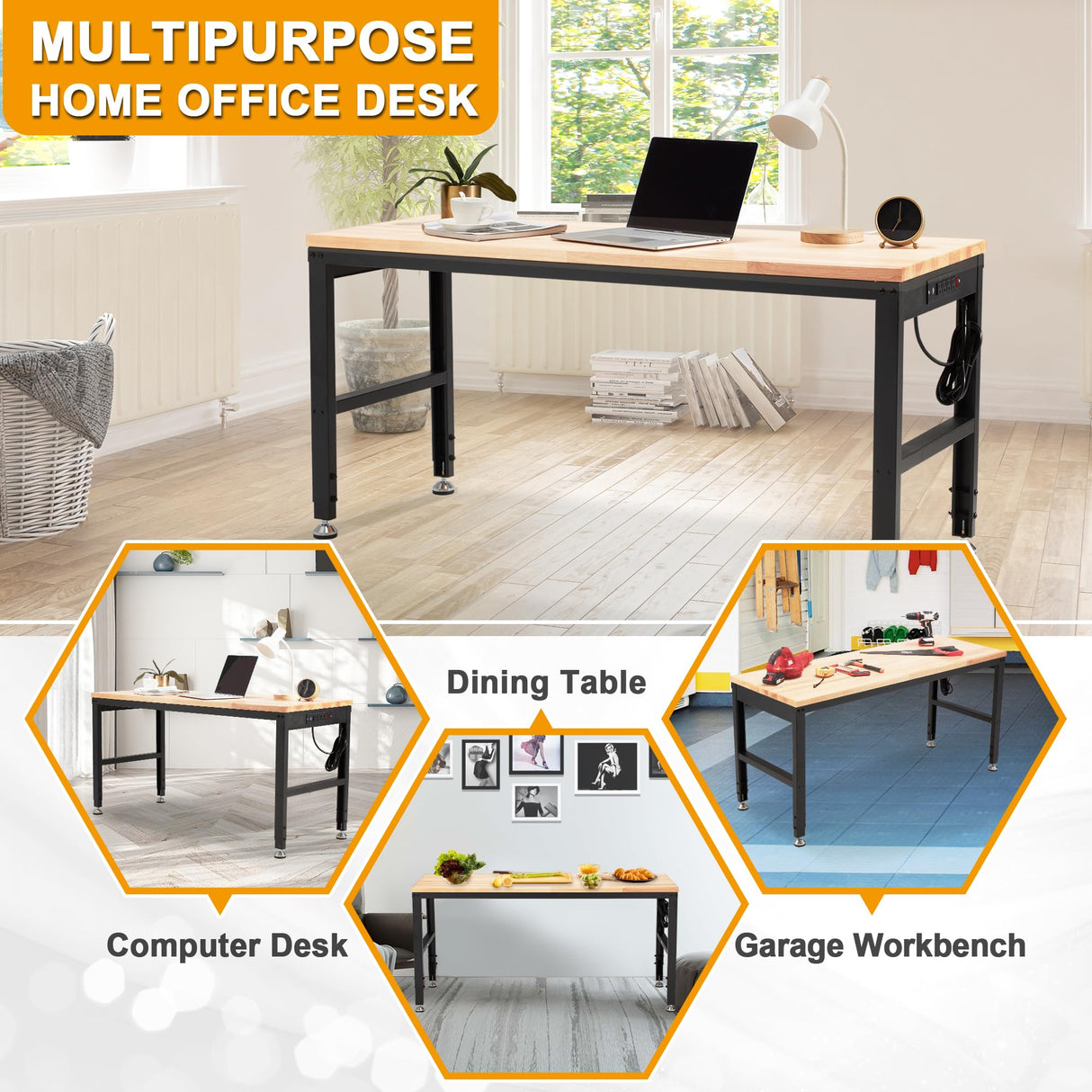 HABUTWAY Height Adjustable Workbench 60“ 2000 Lbs Capacity Oak Wood Work Station Heavy-Duty Work Benches with Power Outlets for Garage Party Shop HABUTWAY