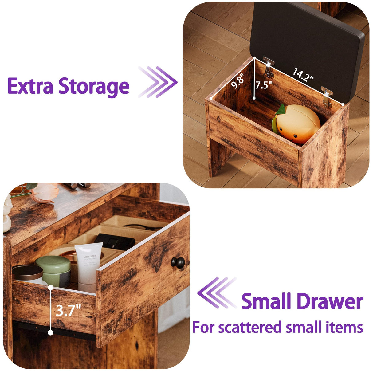 LIKIMIO Small Makeup Vanity Desk with Mirror and Lights, Vanity Table Set with Storage Drawer & Chair & 3 Shelves, Bedroom, Vintage Brown LIKIMIO