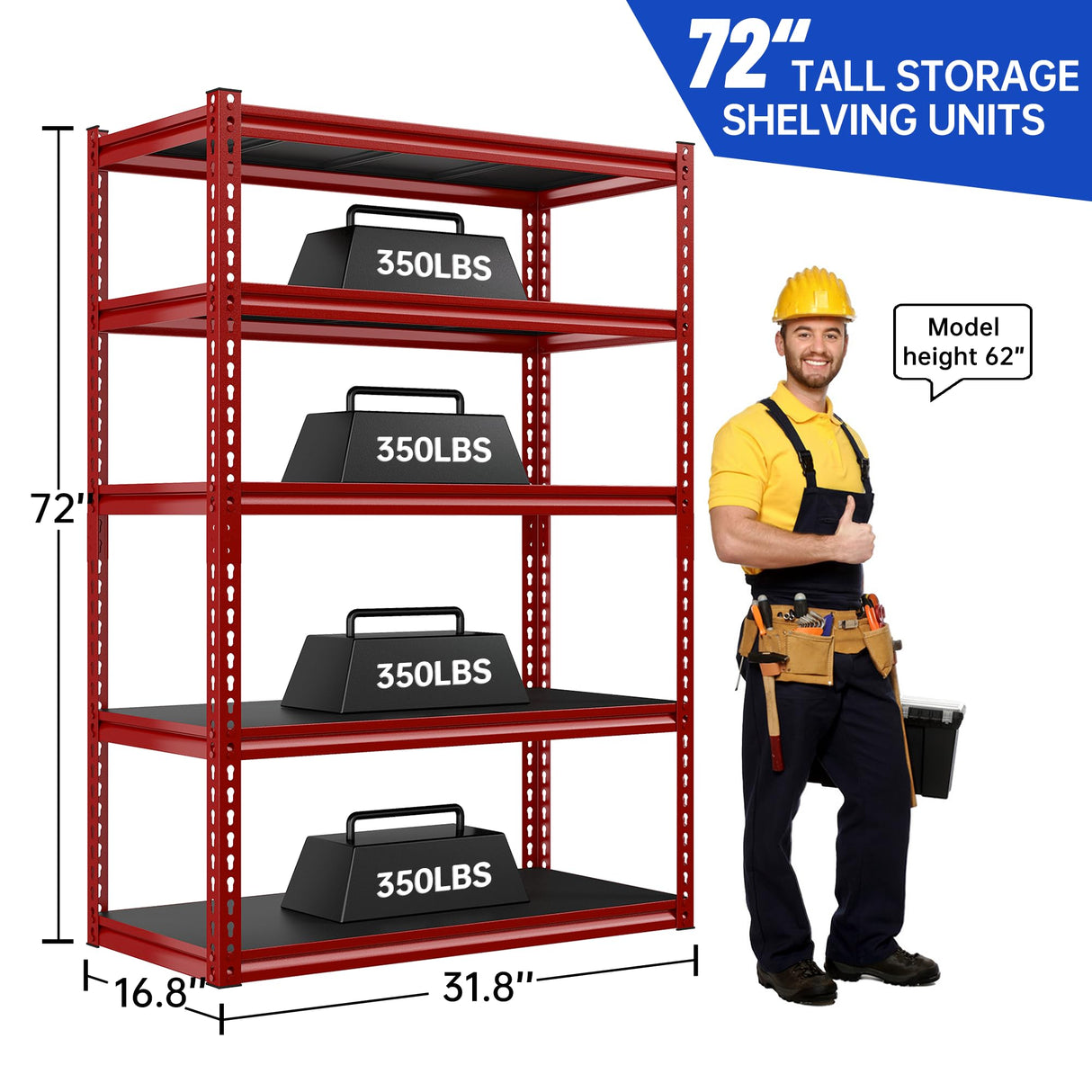REIBII 72" Garage Shelving Heavy Duty Metal Shelving 1700 LBS Capacity Adjustable 5 Tier Garage Storage Shelves Heavy Duty Shelving, Garage Shelves REIBII