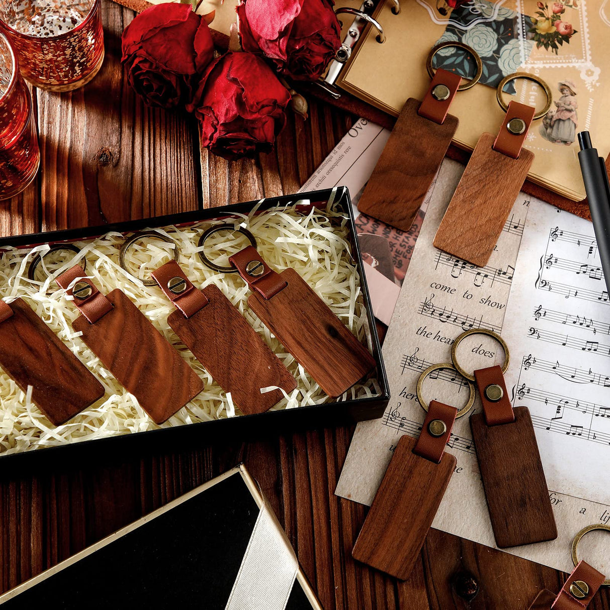 50 Pcs Leather Keychain Blanks Wooden Keychain Blanks Wood Keychain Blank Unfinished Wood Tags with Leather Strap Keyring (Walnut) Sasylvia