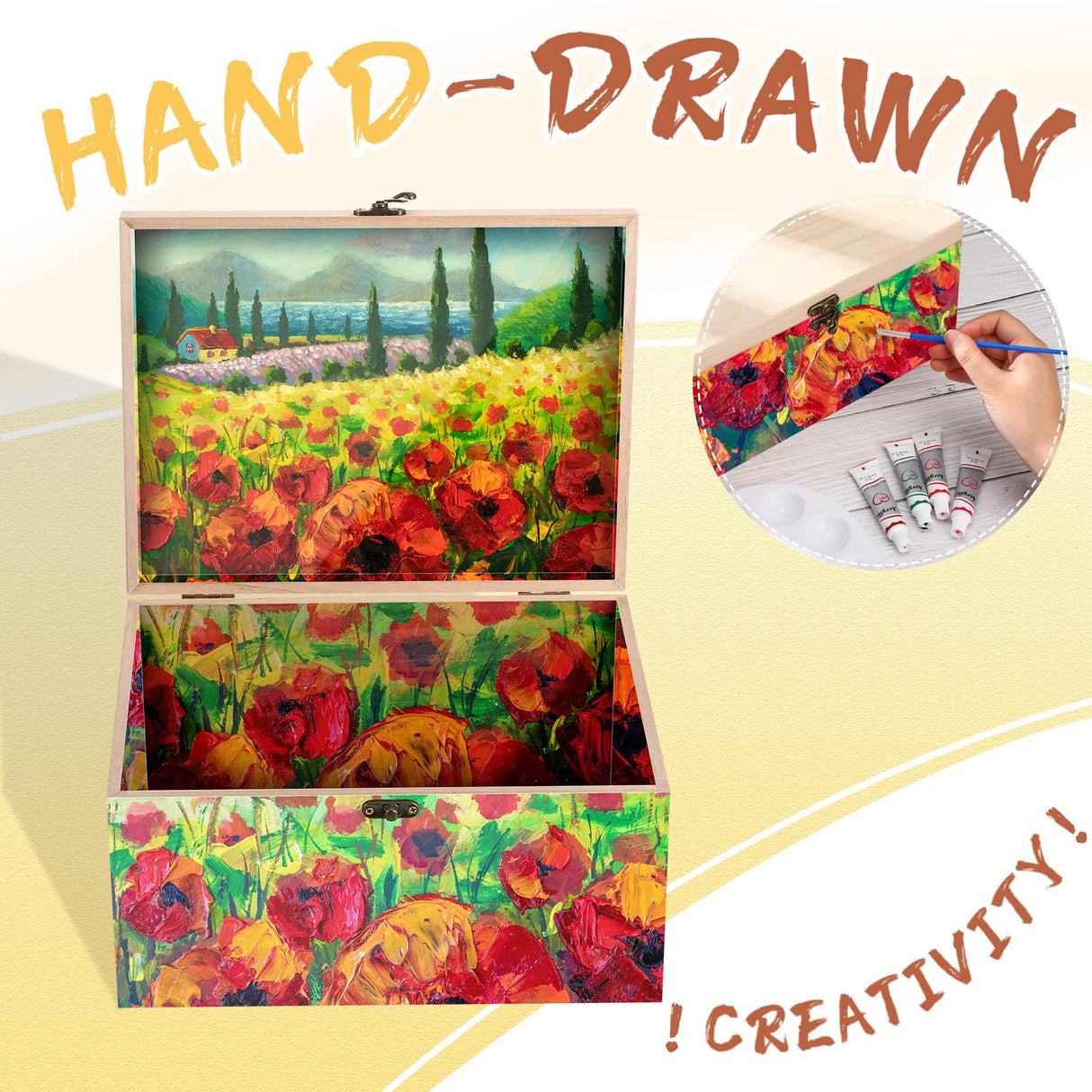 Yookeer 2 Pcs Large Unfinished Wooden Box with Hinged Lid and Front Clasp, Rectangle Unpainted Crafts DIY Wood Boxes Treasure Chest Stash Box for Art Yookeer