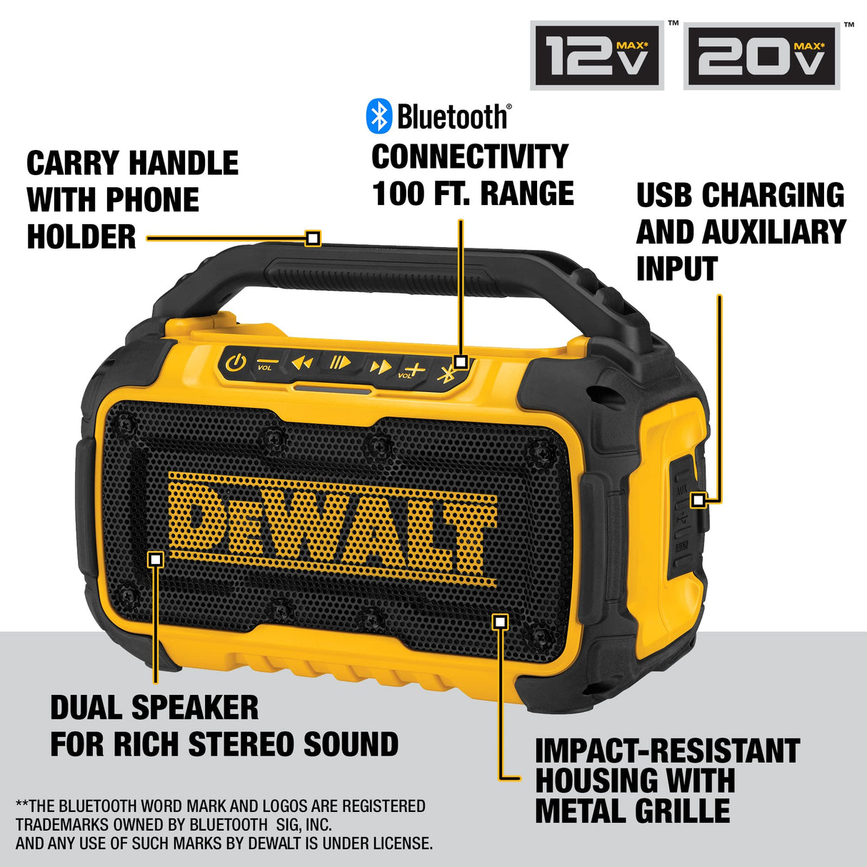 DEWALT 20V MAX Bluetooth Speaker, 100 ft Range, Durable for Jobsites, Phone Holder Included, Lasts 8-10 Hours with Single Charge (DCR010), DEWALT