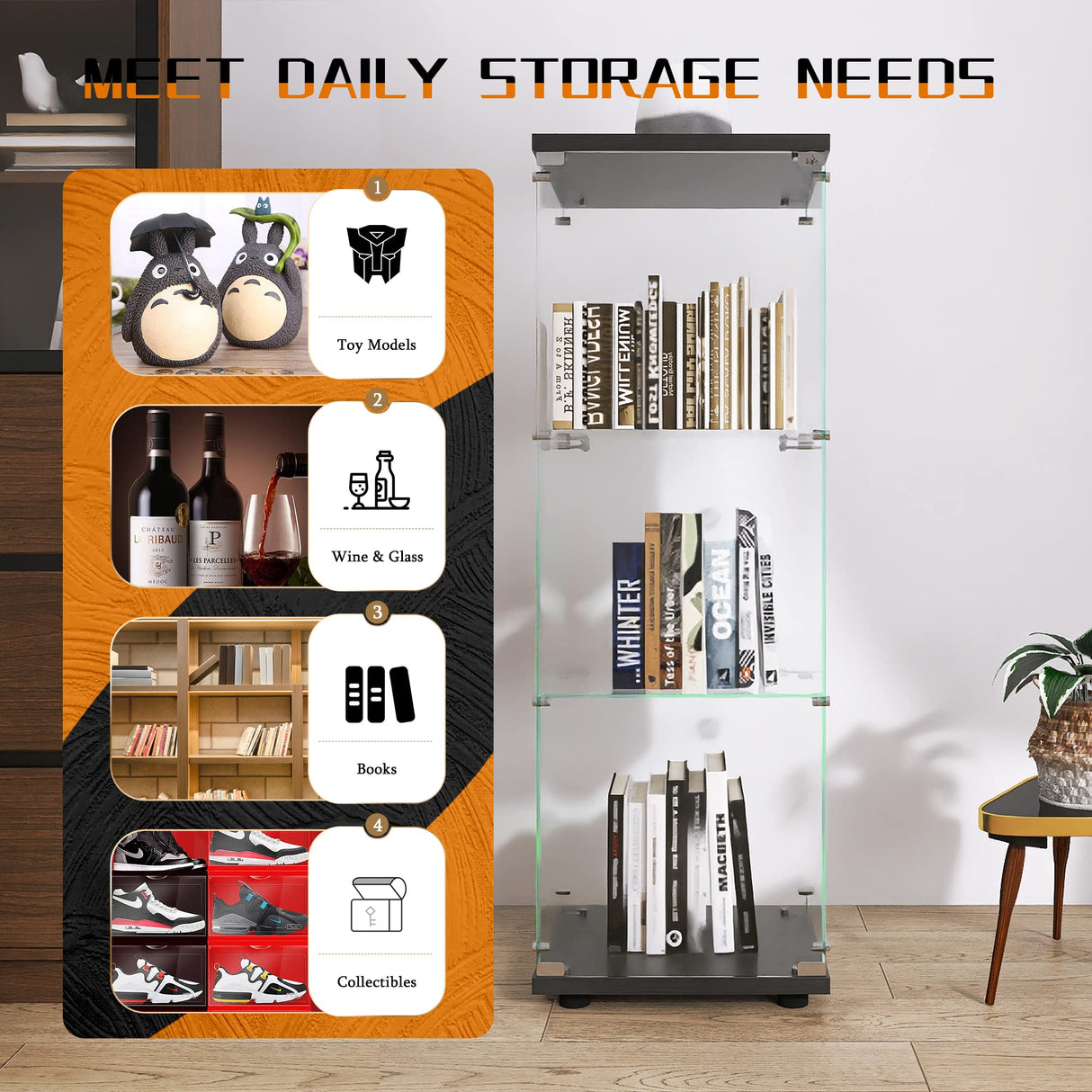 Beauty4U Elegant Black One-Door Glass Display Cabinet with 3 Shelves for Stylish Home Collection Storage Beauty4U