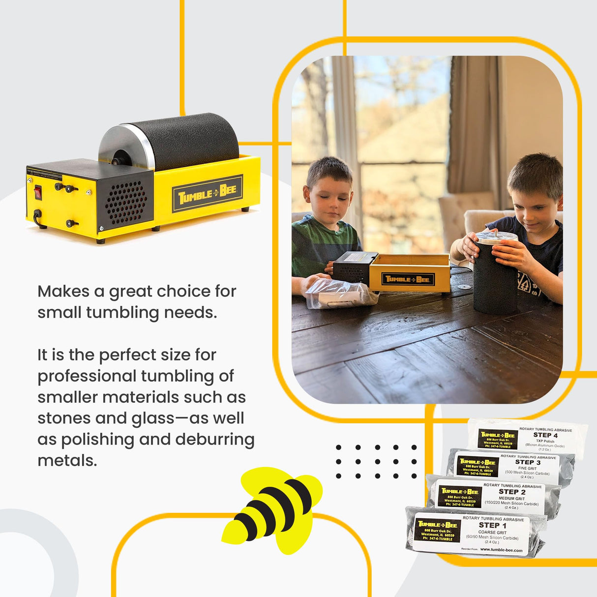 Tumble-Bee Rotary Rock Tumbler with Rock Grit Polish Kit - Rock Polisher Machine, Tumbling Equipment for Stone, Glass, and Metal Collection, Tumble-Bee