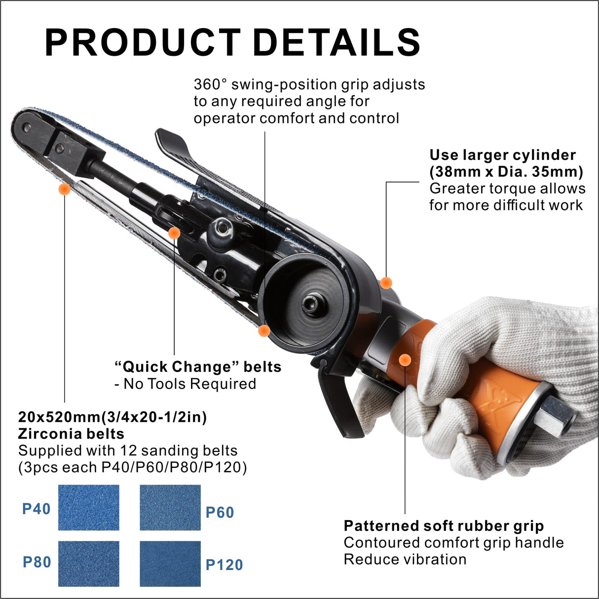 Air Belt Sander 3/4" x 20-1/2" Belt Size Pneumatic Tool with 12pc Belts (#40, 60, 80 & #120), Good for Deburring, Sanding and Finishing (3/4" x - WoodArtSupply