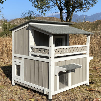 Gowoodhut Feral Cat Shelter Outdoor Weatherproof - Two Story Wooden Cat House Outside Feral Cat House with Balcony Waterproof, Escape Door