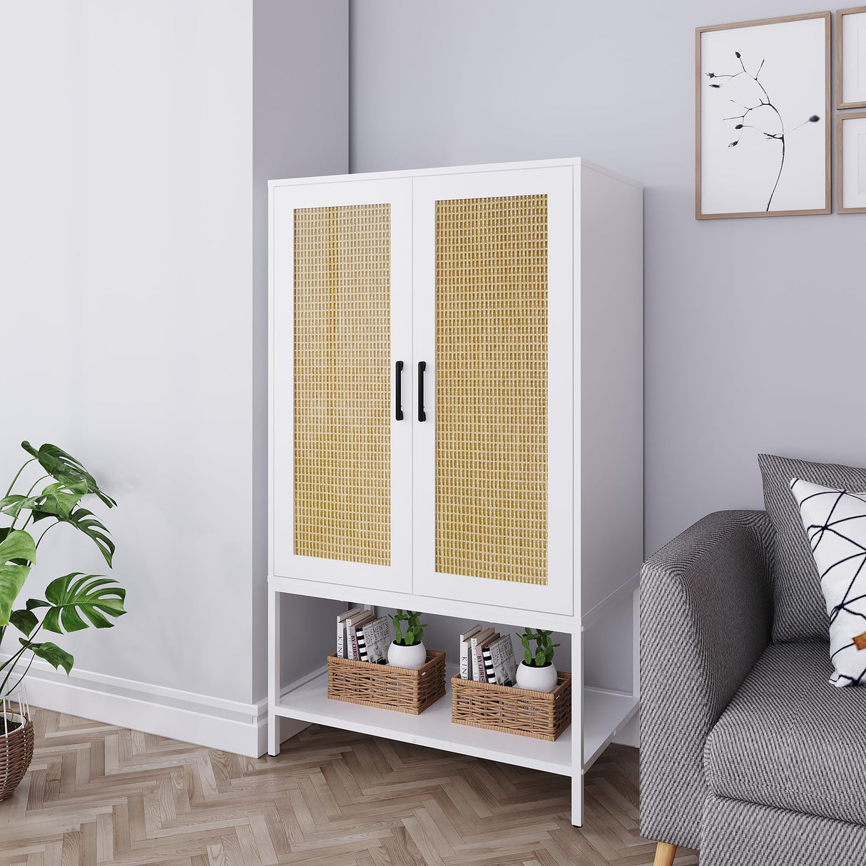 BOCVKENN Wardrobe Closet,Rattan Bedroom Armoires with 2 Doors,Wooden Wardrobe Cabinet with Shelves and Hanging Rod for Clothes,White BOCVKENN