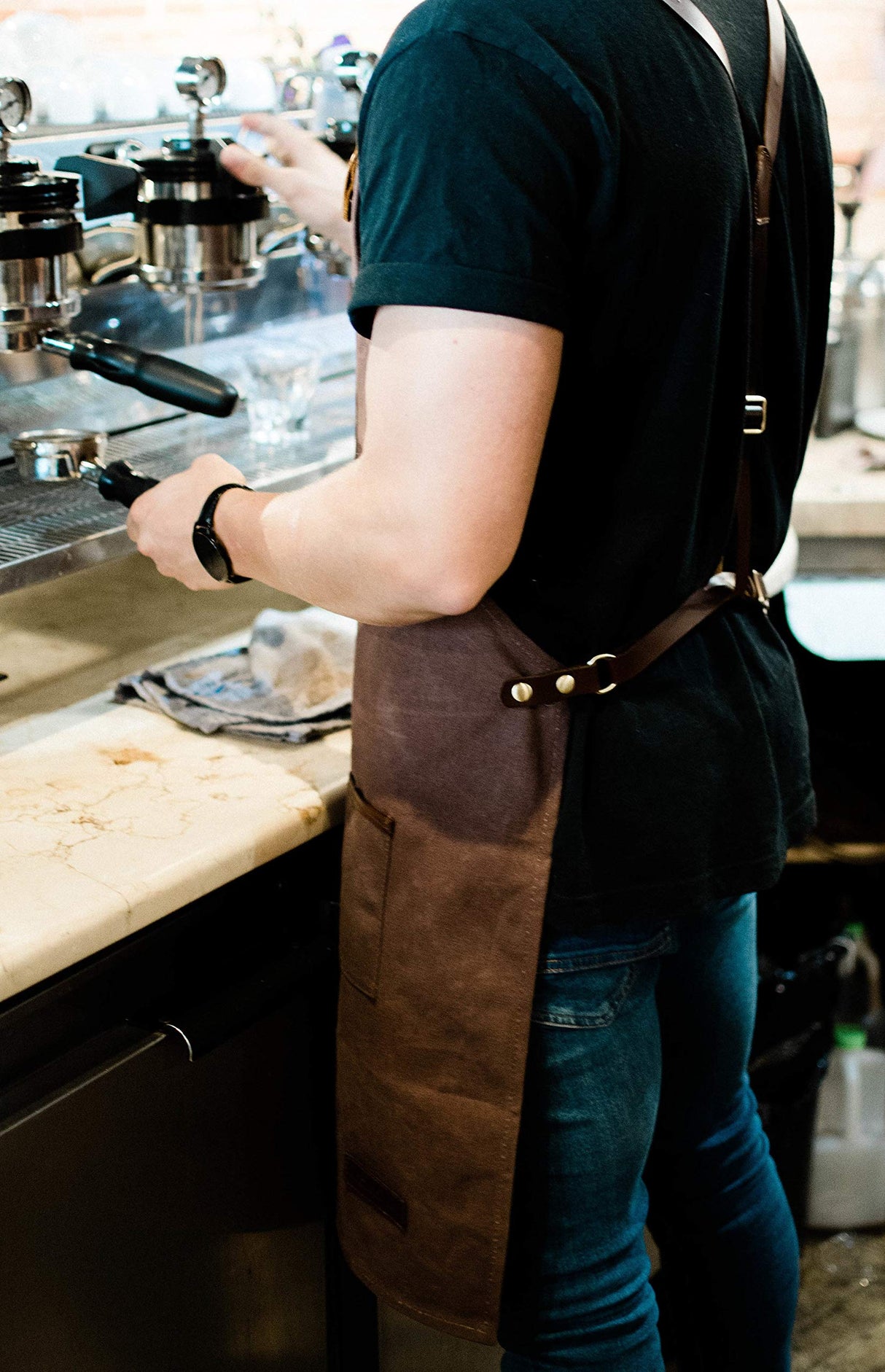ApronMen Leather and Waxed Canvas Server Aprons With 3 Pockets for Men/Women - Adjustable Barista Work Apron With Kitchen Towel Holder - Chef ApronMen