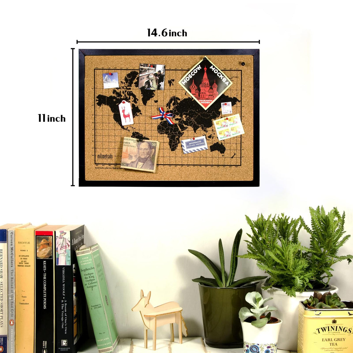 Black Cork Board Bulletin Board, 14.6"X 11" Cork Board, Oak Wood Finish Frame, Wall Mounted Cork Board for Office Home and School(Pins, Eye Bolts, BGJRBY
